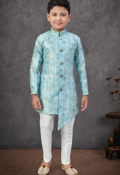 Digital Printed Art Silk Sherwani in Blue