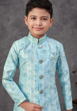 Digital Printed Art Silk Sherwani in Blue