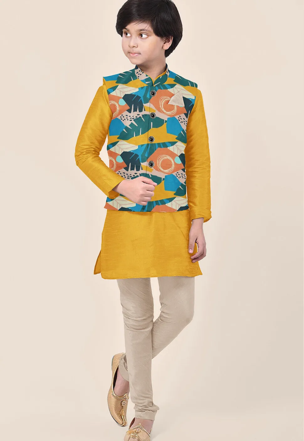 Digital Printed Art Silk Kurta Set in Mustard