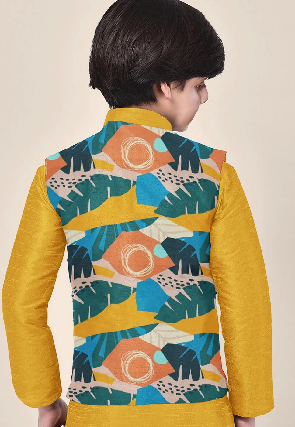 Digital Printed Art Silk Kurta Set in Mustard