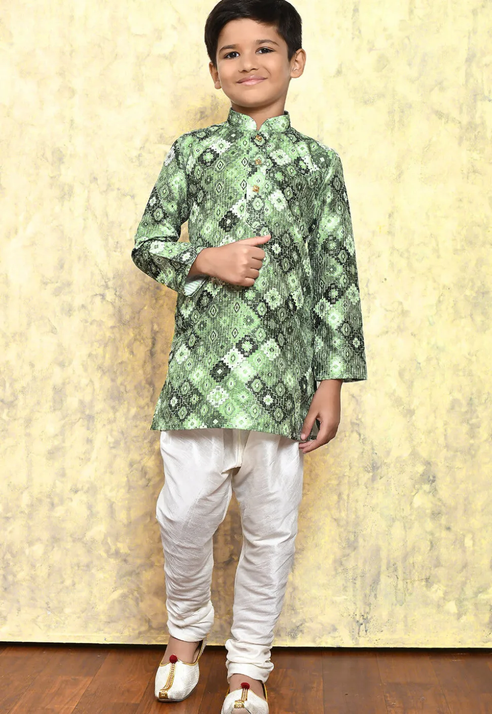 Digital Printed Art Silk Kurta Set in Green
