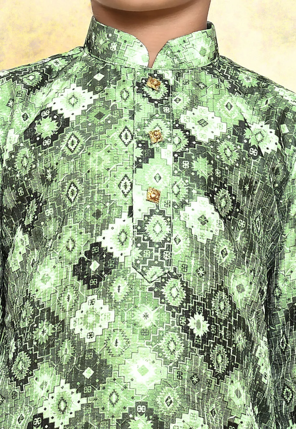 Digital Printed Art Silk Kurta Set in Green