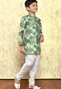 Digital Printed Art Silk Kurta Set in Green