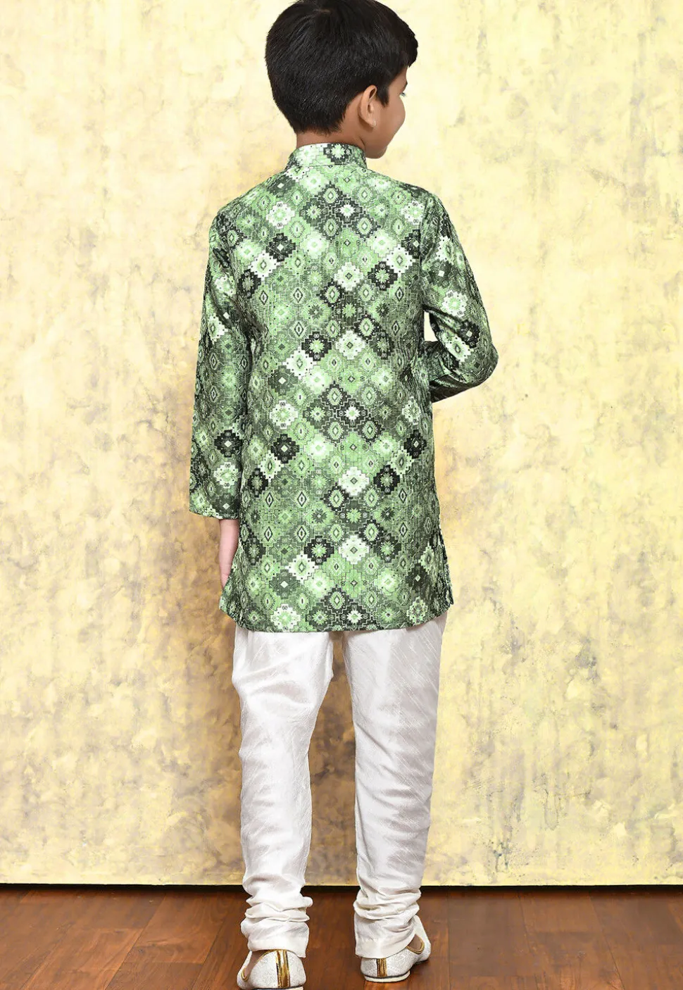 Digital Printed Art Silk Kurta Set in Green