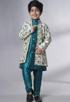 Digital Printed Art Silk Sherwani Set in Teal Blue