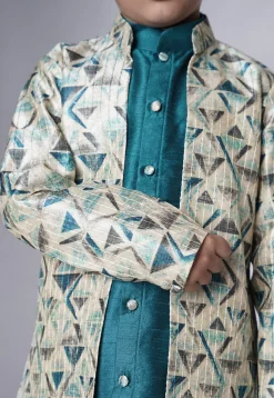 Digital Printed Art Silk Sherwani Set in Teal Blue