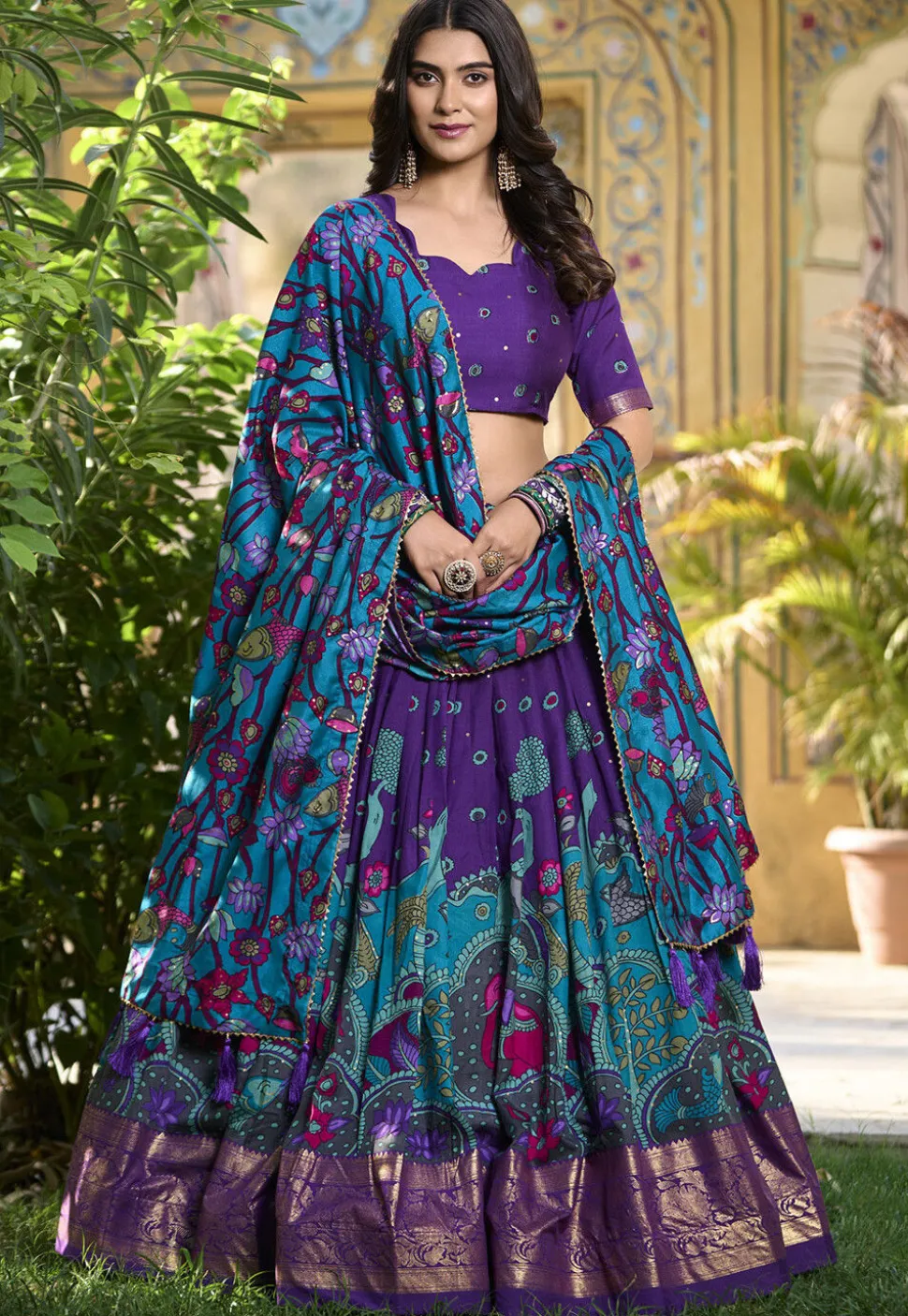 Digital Printed Art Tussar Silk Lehenga in Purple and Blue