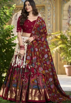 Digital Printed Art Tussar Silk Lehenga in Off White and Maroon