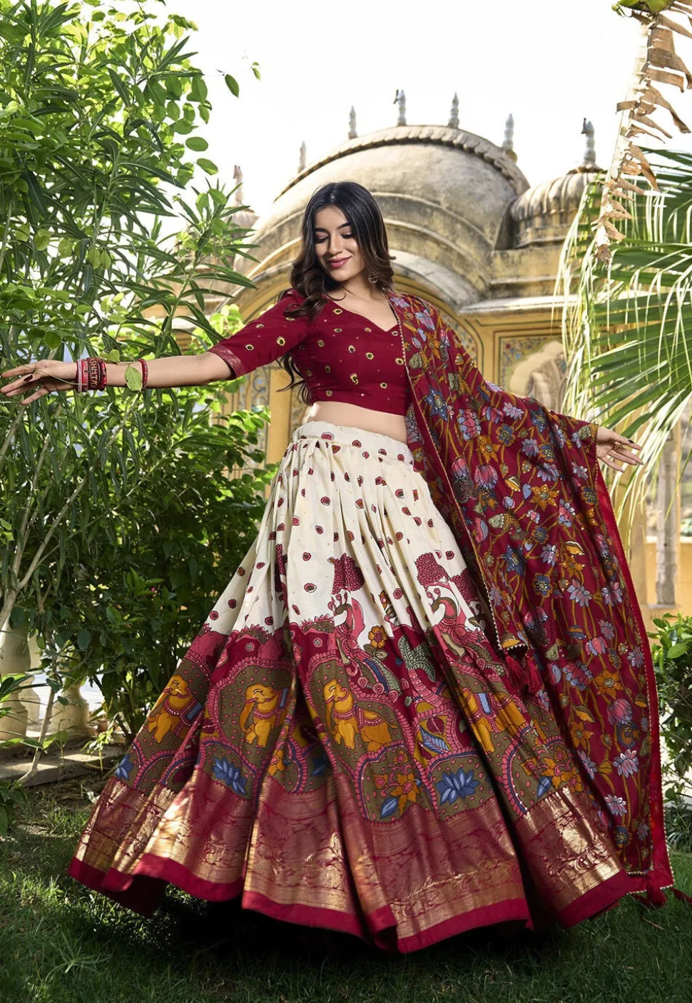 Digital Printed Art Tussar Silk Lehenga in Off White and Maroon