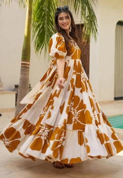 Digital Printed Cambric Cotton Gown in Off White