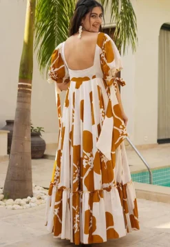Digital Printed Cambric Cotton Gown in Off White