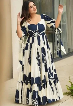 Digital Printed Cambric Cotton Gown in Off White