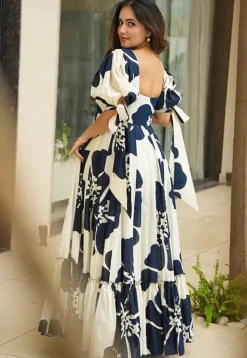 Digital Printed Cambric Cotton Gown in Off White