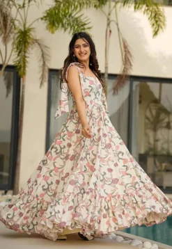 Digital Printed Cambric Cotton Gown in Off White
