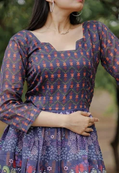 Digital Printed Chanderi Cotton Maxi Dress in Navy Blue