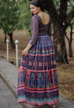 Digital Printed Chanderi Cotton Maxi Dress in Navy Blue