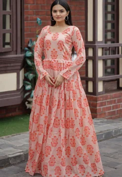 Digital Printed Chanderi Silk Gown in Peach
