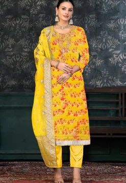 Digital Printed Chanderi Silk Pakistani Suit in Yellow