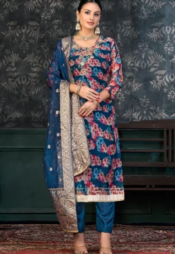 Digital Printed Chanderi Silk Pakistani Suit in Navy Blue