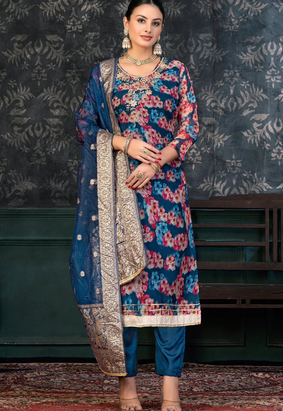 Digital Printed Chanderi Silk Pakistani Suit in Navy Blue