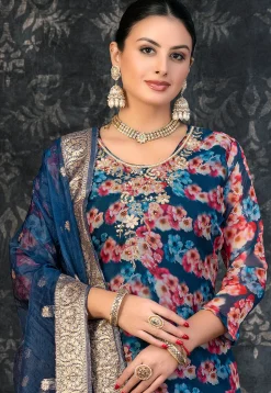 Digital Printed Chanderi Silk Pakistani Suit in Navy Blue