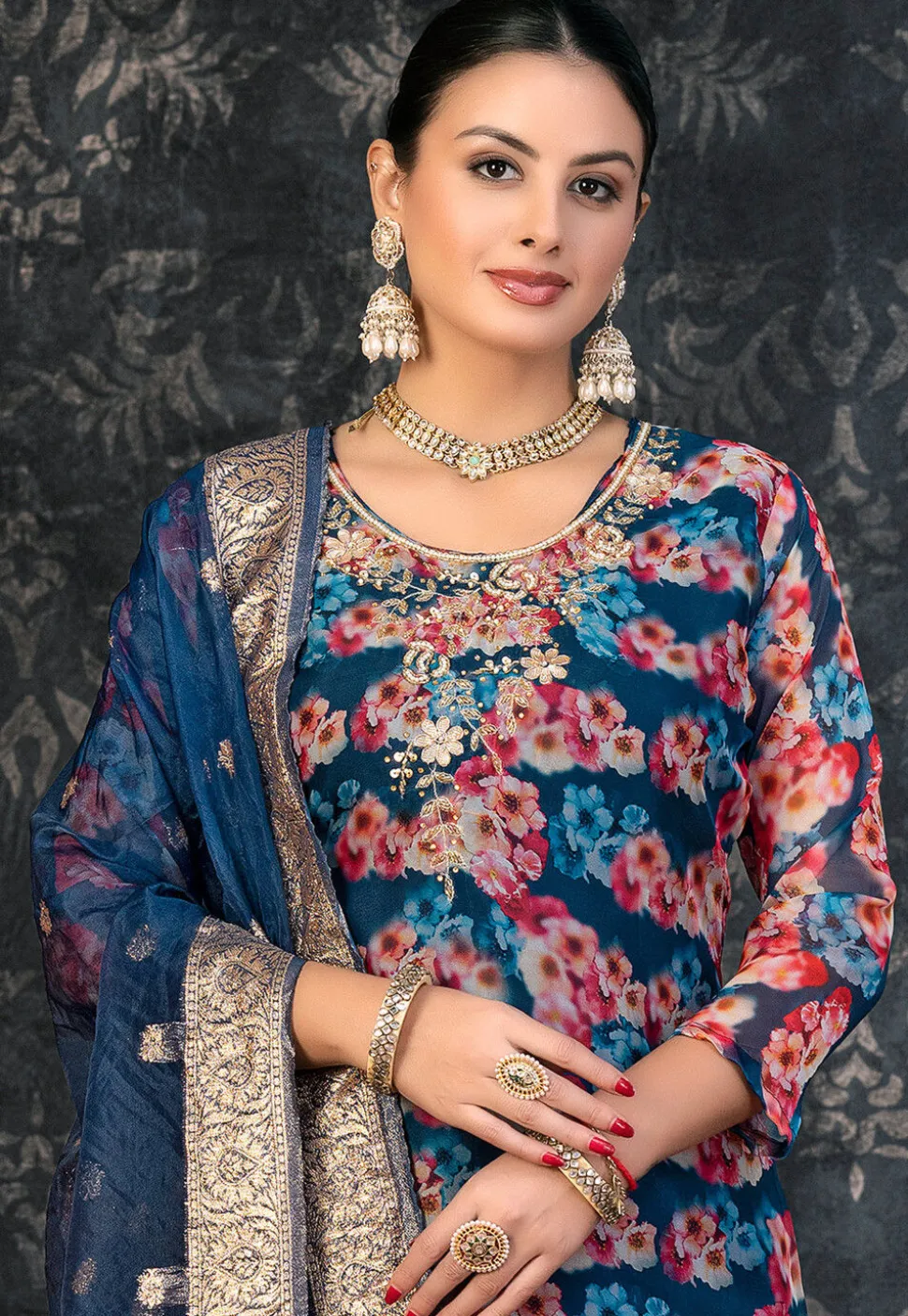 Digital Printed Chanderi Silk Pakistani Suit in Navy Blue
