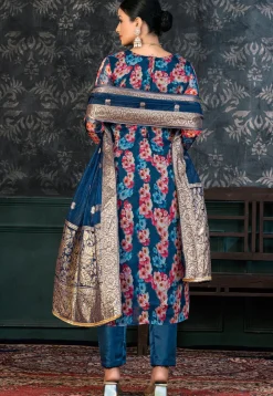 Digital Printed Chanderi Silk Pakistani Suit in Navy Blue