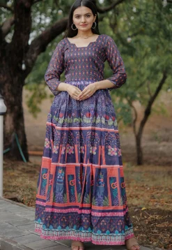 Digital Printed Chanderi Silk Gown in Blue