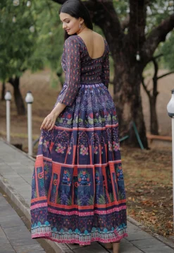 Digital Printed Chanderi Silk Gown in Blue