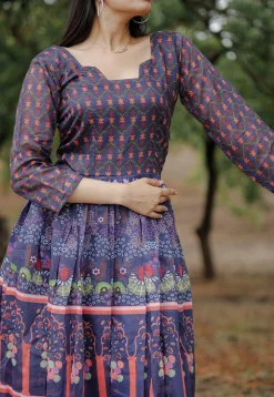 Digital Printed Chanderi Silk Gown in Blue