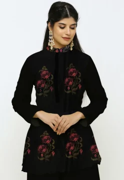 Digital Printed Chanderi Cotton Peplum Style Kurti in Black