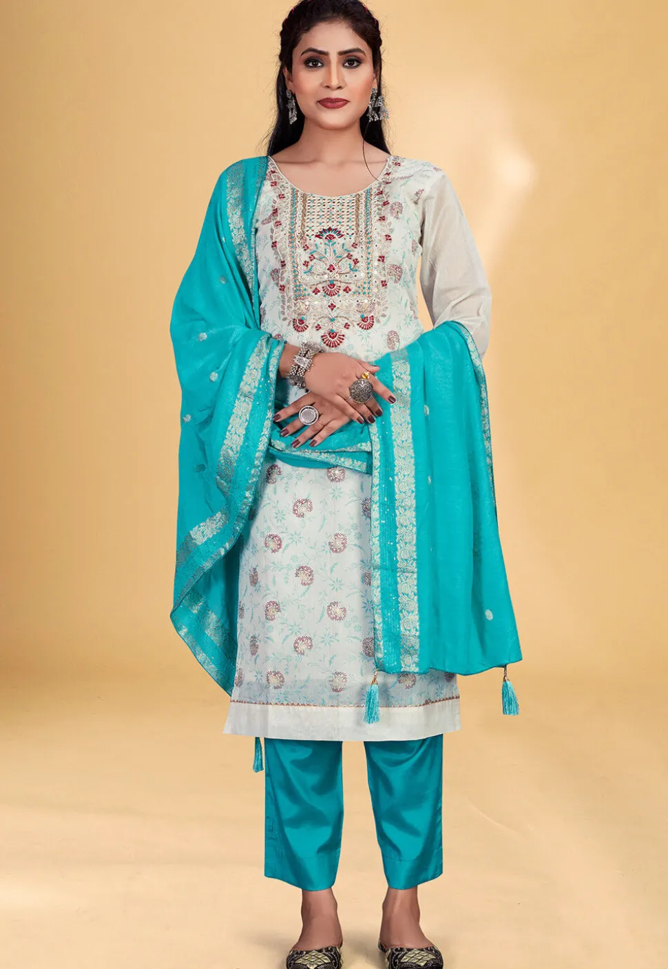 Digital Printed Chanderi Silk Pakistani Suit in Off White