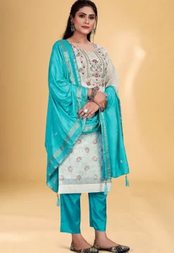 Digital Printed Chanderi Silk Pakistani Suit in Off White