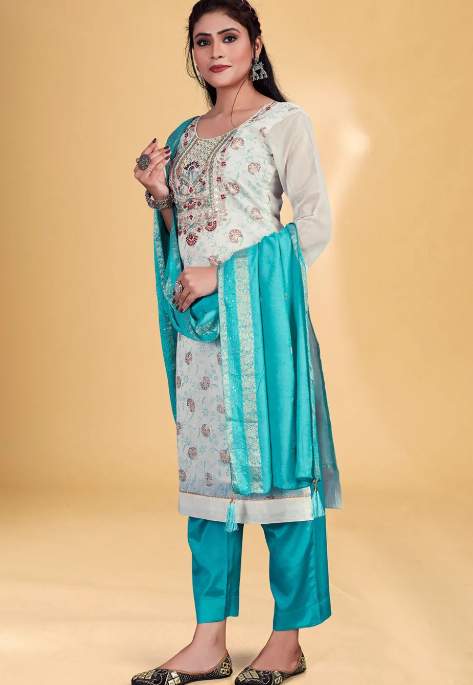 Digital Printed Chanderi Silk Pakistani Suit in Off White