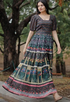 Digital Printed Chanderi Silk Gown in Black