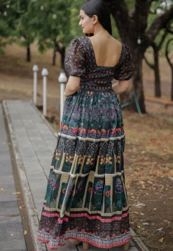 Digital Printed Chanderi Silk Gown in Black