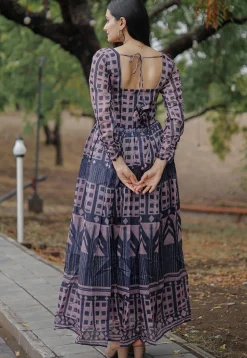Digital Printed   Chanderi Cotton Maxi Dress in Navy Blue