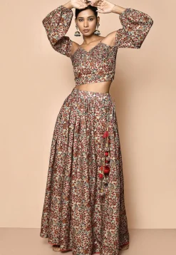 Digital Printed Chanderi Cotton Crop Top Set in Beige