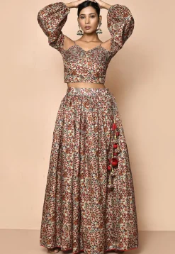 Digital Printed Chanderi Cotton Crop Top Set in Beige