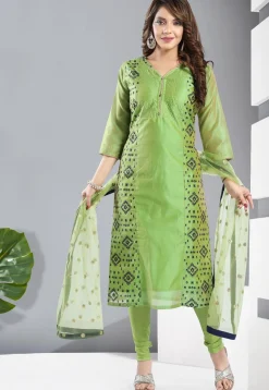 Digital Printed Chanderi Silk Straight Suit in Light Green