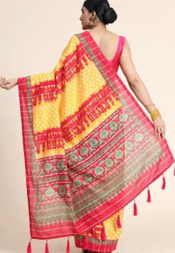 Digital Printed Chanderi Cotton Saree in Mustard & Red