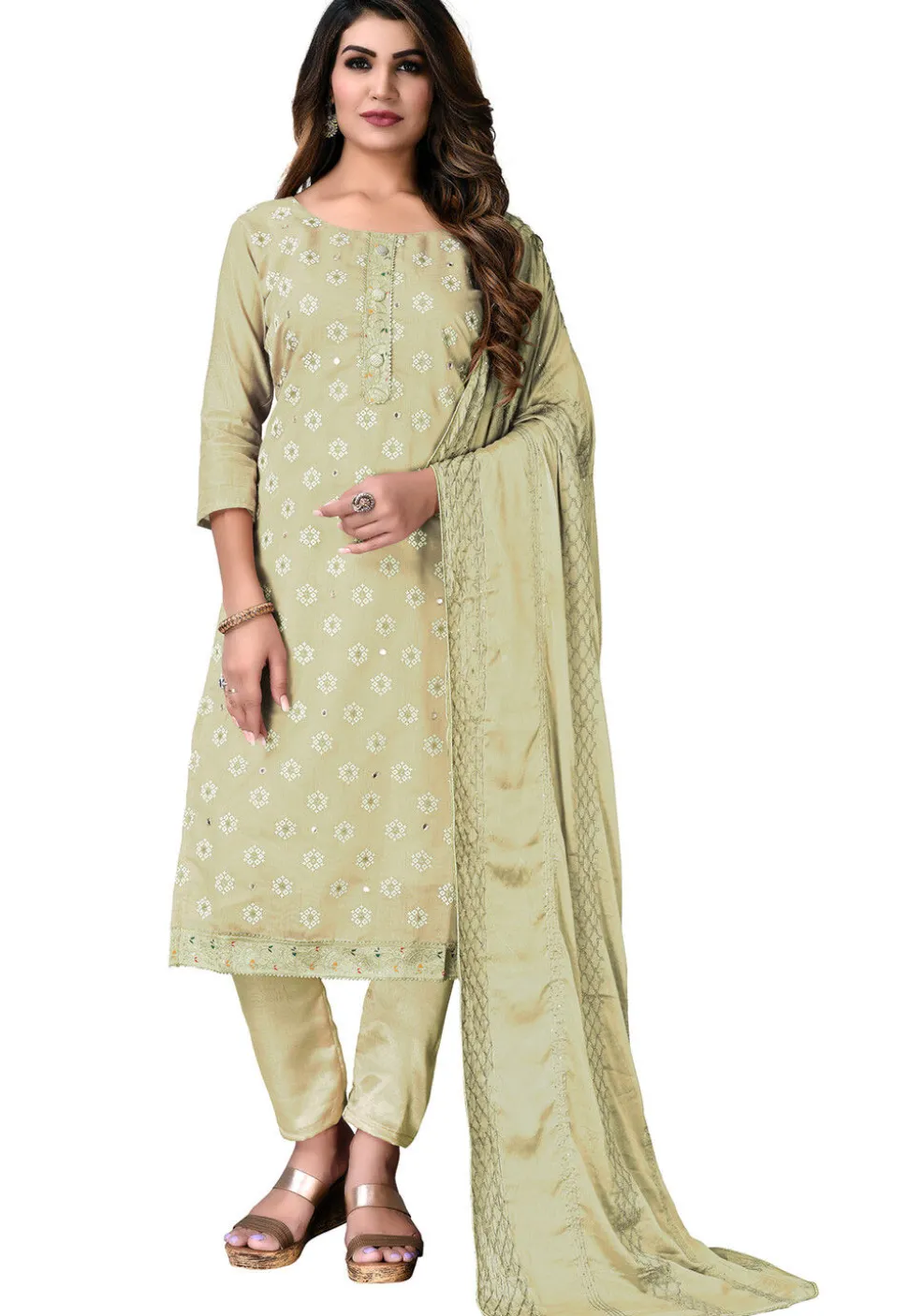 Digital Printed Chanderi Cotton Pakistani Suit in Light Olive Green