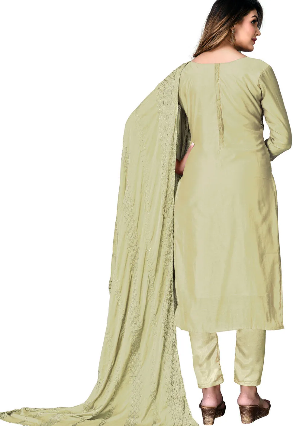 Digital Printed Chanderi Cotton Pakistani Suit in Light Olive Green