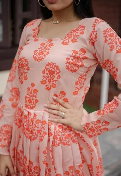 Digital Printed   Chanderi Cotton Maxi Dress in Peach