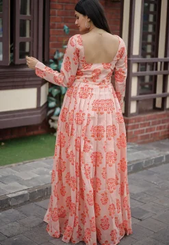 Digital Printed   Chanderi Cotton Maxi Dress in Peach