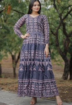 Digital Printed Chanderi Silk Gown in Blue