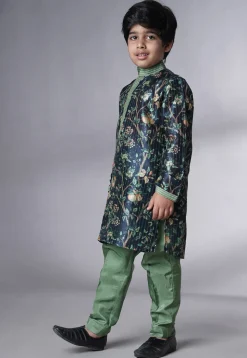 Digital Printed Chanderi Silk Kurta Set in Navy Blue