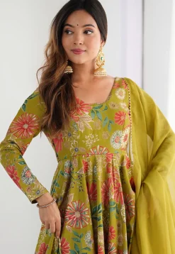 Digital Printed Chanderi Silk Pakistani Suit in Olive Green