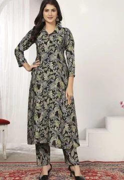 Digital Printed Chanderi Cotton A Line Kurta Set in Black