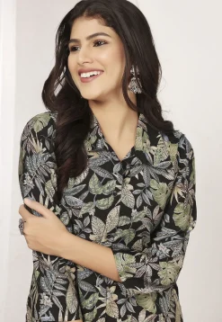 Digital Printed Chanderi Cotton A Line Kurta Set in Black